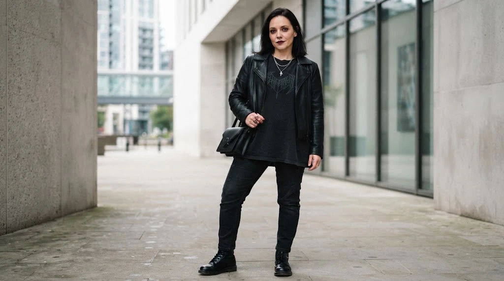 Modern nu goth outfit with black jeans leather jacket and boots