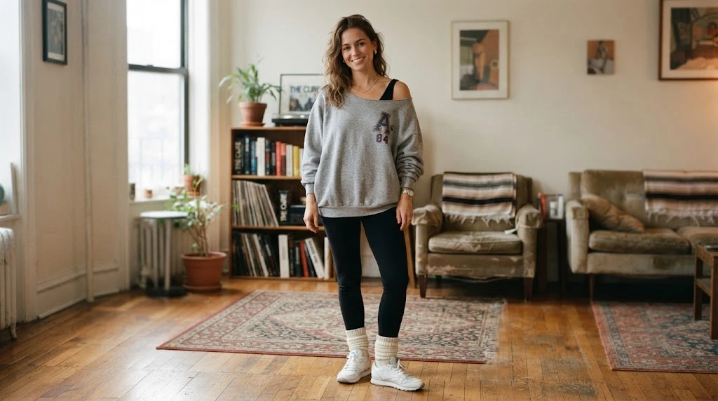 Oversized sweatshirt and leggings 80s inspired outfit