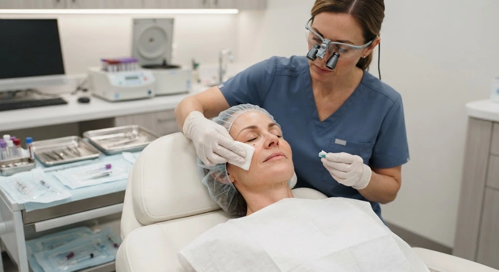 Practitioner preparing a patient for PRP under-eye treatment