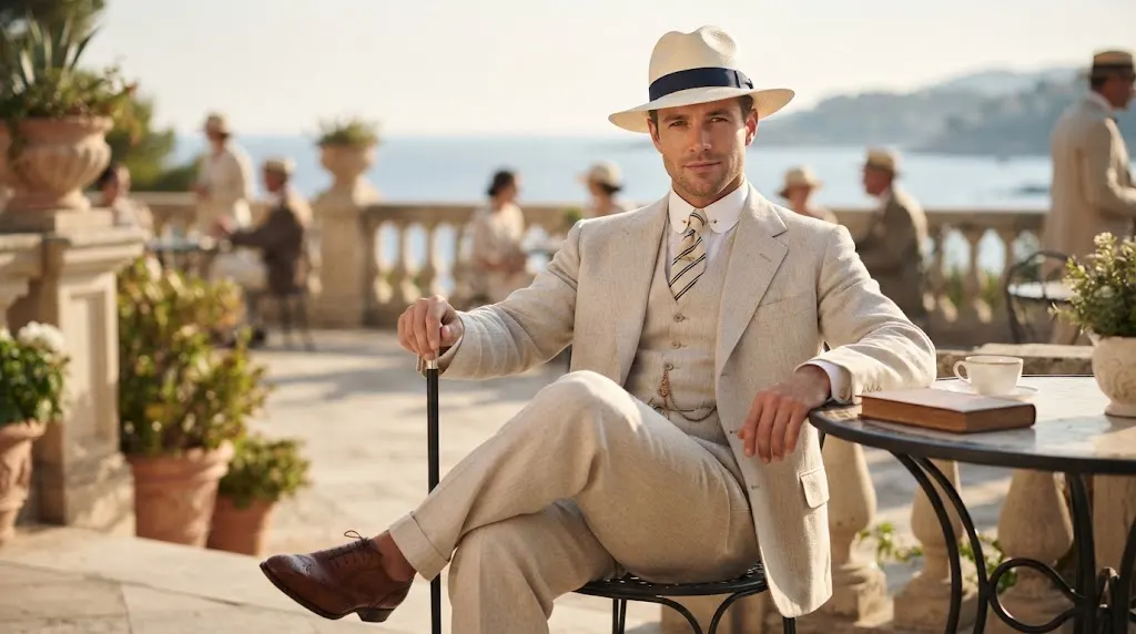 1920s man wearing a lightweight Panama hat with a summer suit