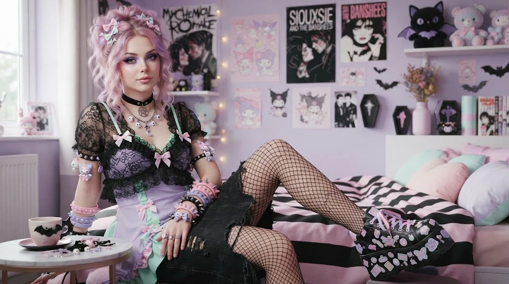 Pastel goth outfit combining pastel colors with dark gothic fashion