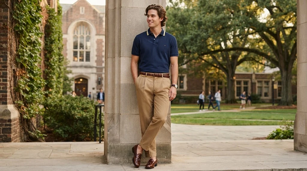 Preppy polo shirt khaki pants and loafers outfit