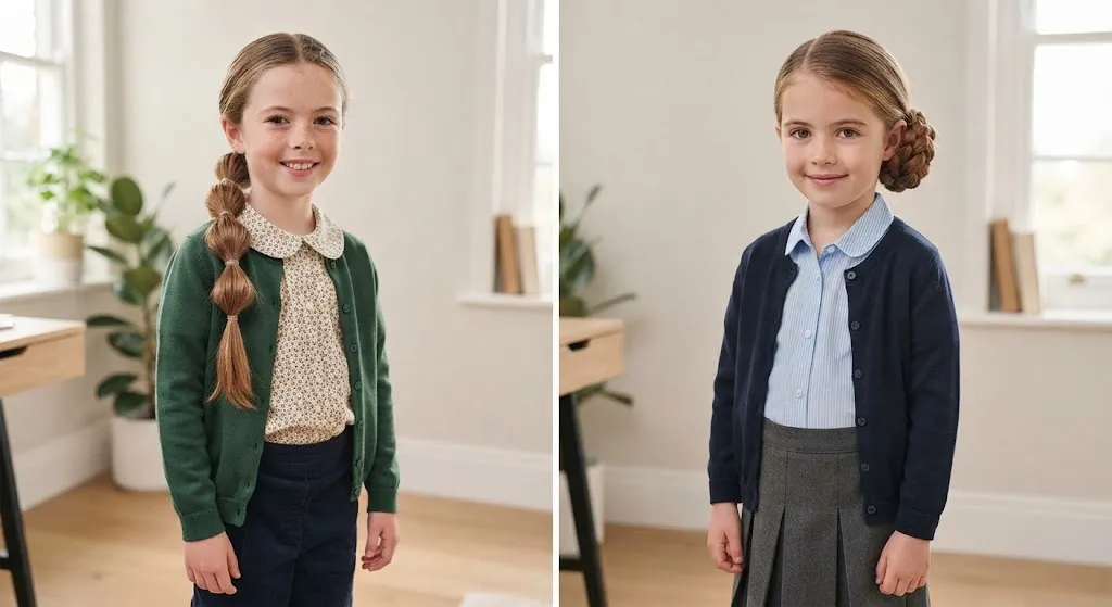 Bubble ponytail and braided bun school hairstyles