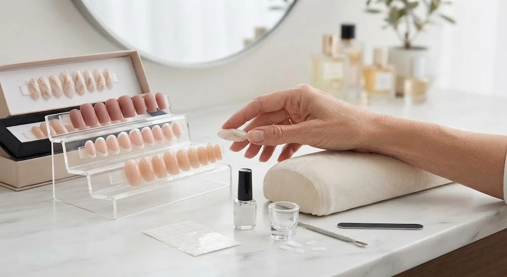 Different press-on nail designs displayed with nail application tools
