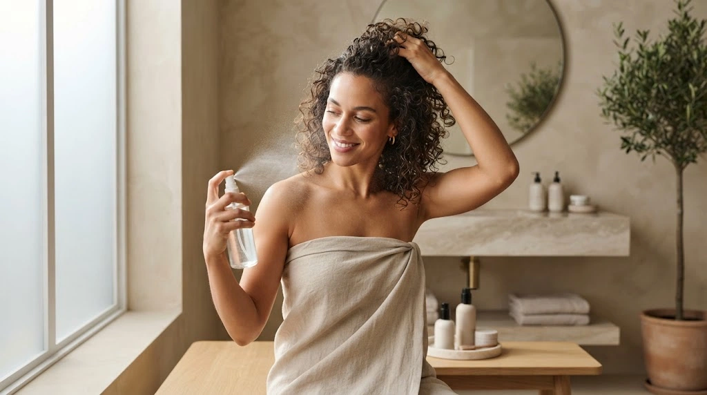 Woman refreshing second-day curls with water mist
