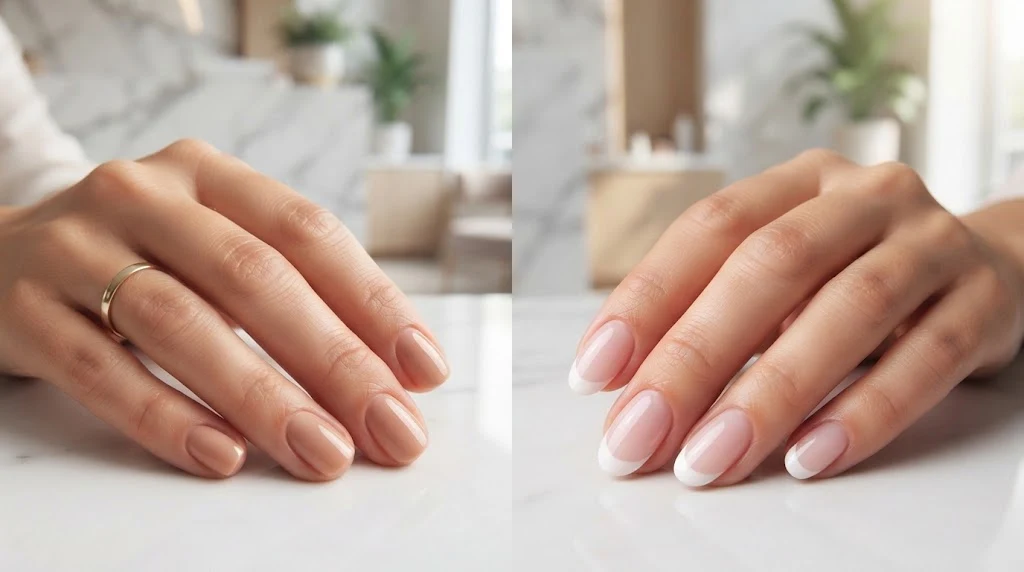 Regular manicure and classic French manicure on short natural nails