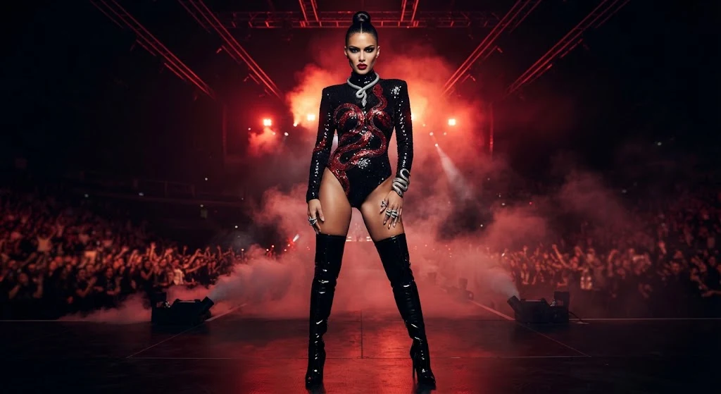 Black and red snake-inspired concert outfit with thigh-high boots