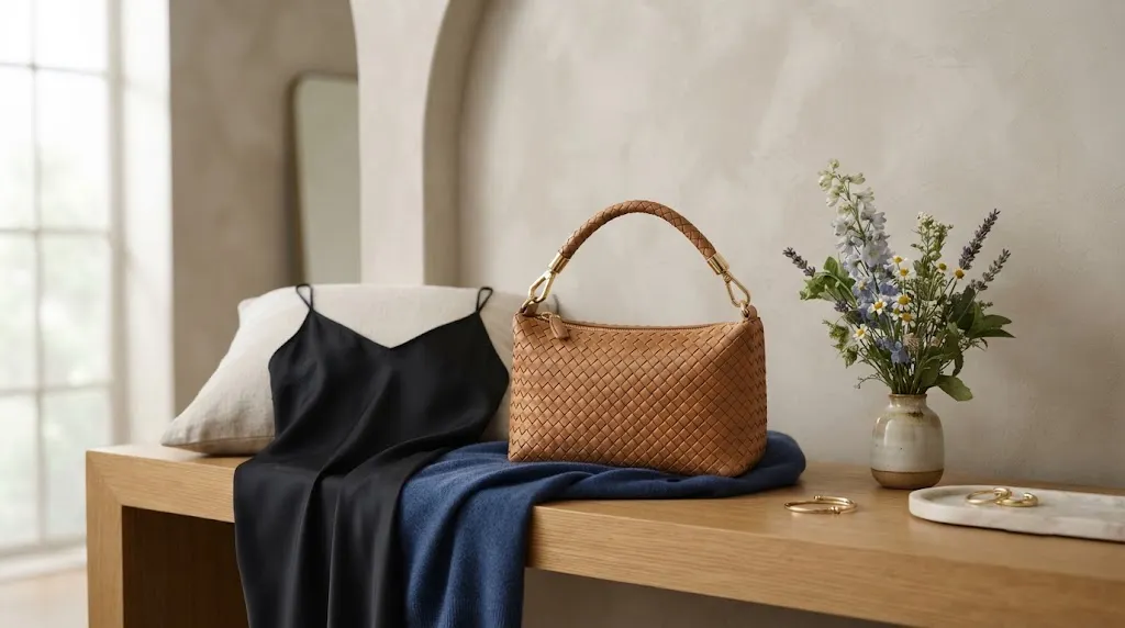 Compact woven tan Sadie handbag
