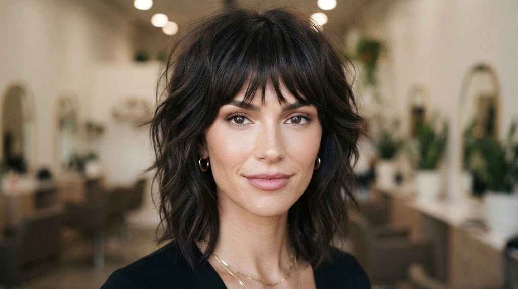 Textured shag haircut with fringe for an oblong face