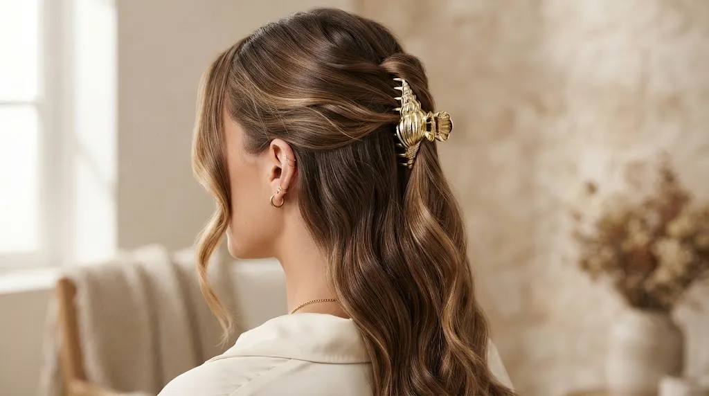 Gold shell-shaped Shelly hair clip in a half-up hairstyle