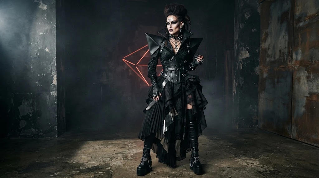 Avant-garde shock goth fashion with dramatic black styling
