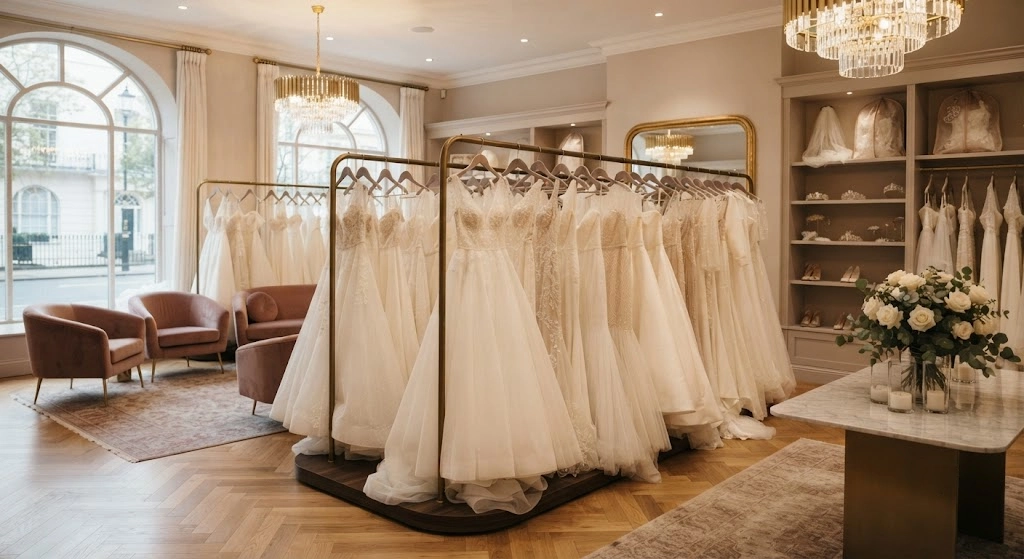 Pre-owned luxury wedding dresses displayed in a bridal boutique