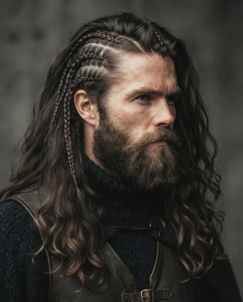 Men's Viking hairstyle with thin side braids