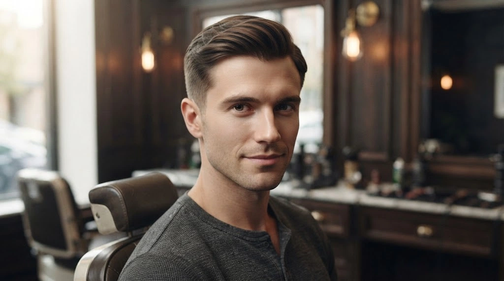 Classic side part haircut for an oblong face