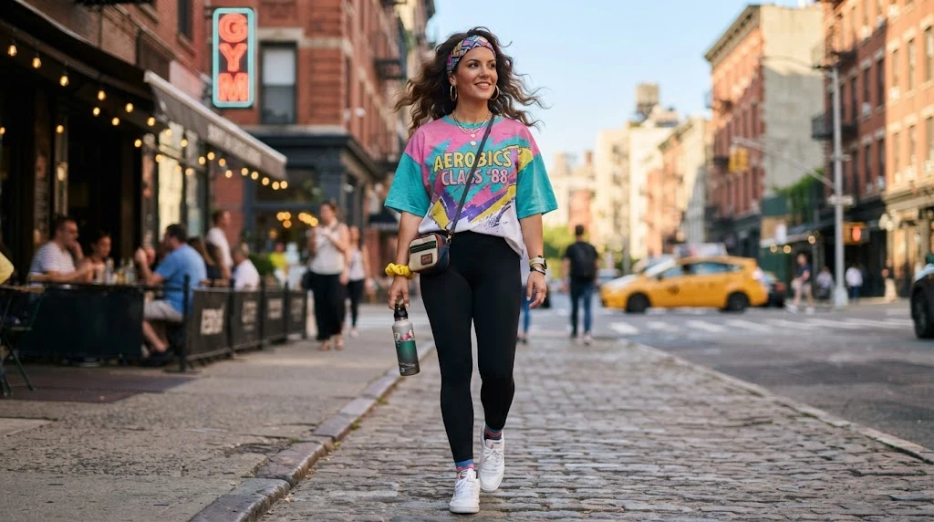Sporty 80s inspired outfit with leggings and headband