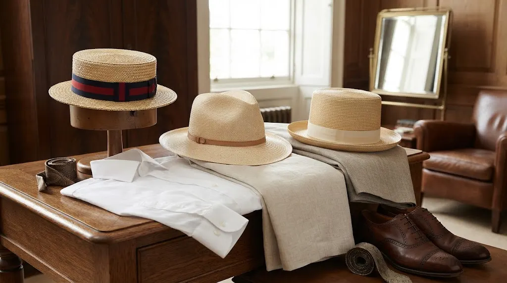 Different styles of lightweight straw hats worn by men in the 1920s