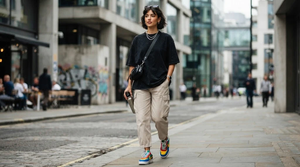 Street style outfit with black neutral clothing and colorful sneakers