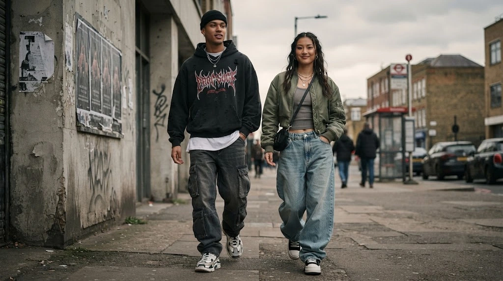 Modern streetwear outfits with oversized clothing and sneakers