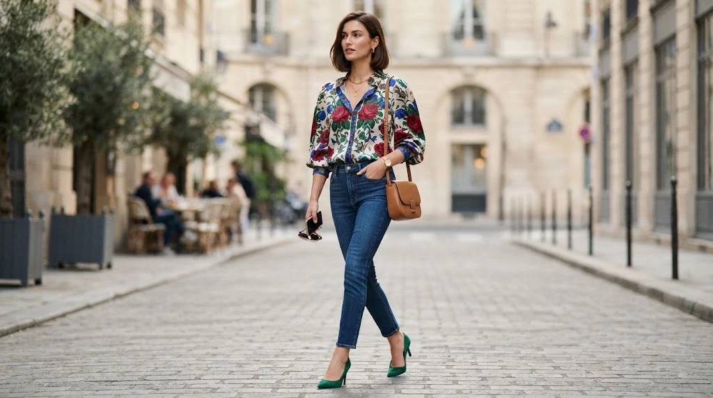 Floral print outfit styled with matching colors from the pattern