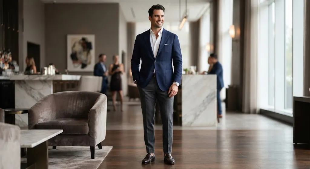 Tailored blazer dress shirt and trousers for cocktail attire