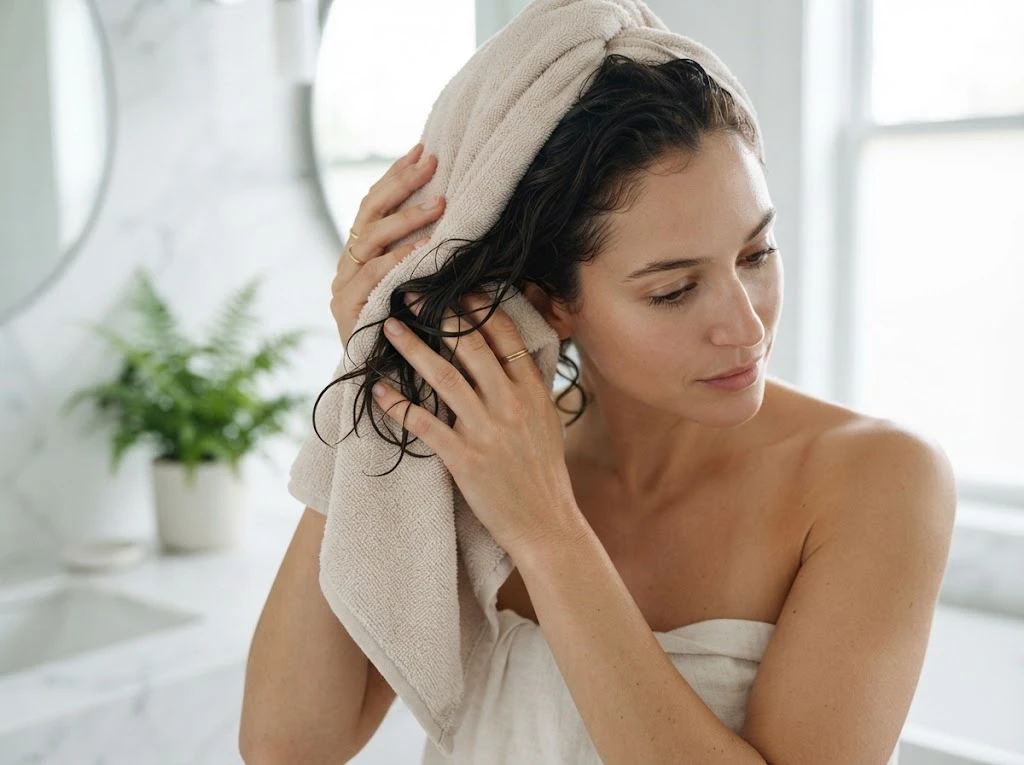 Woman drying wet hair with a microfiber towel