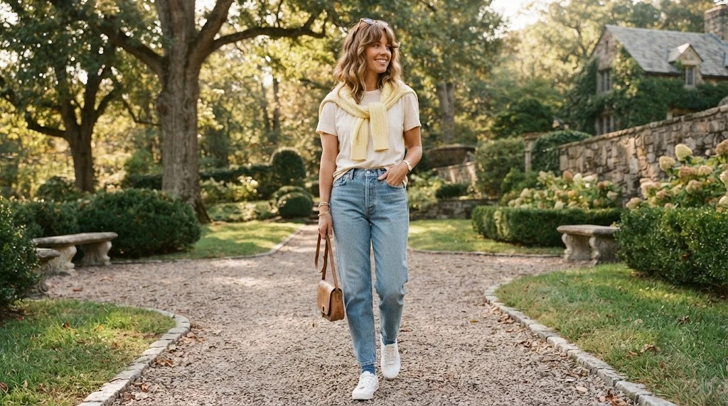 Sweater tied over shoulders with tee and jeans