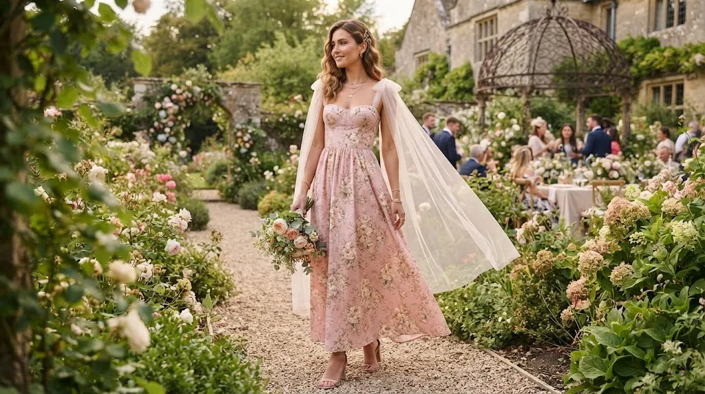 Pink floral Tamzyn maxi dress with a sheer cape