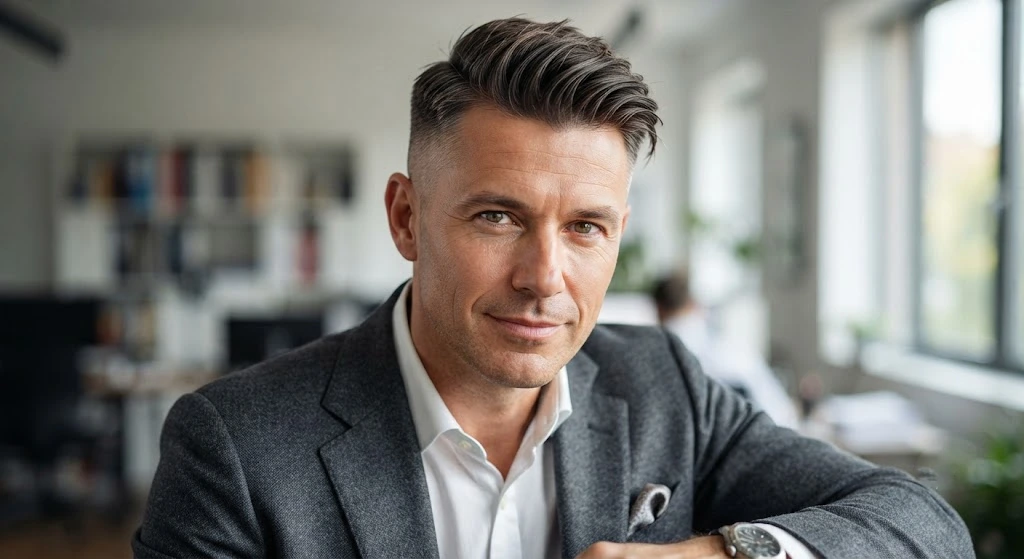 Textured side sweep military haircut