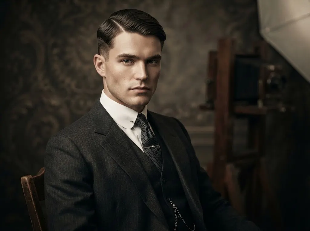 1920s man with a classic side-part hairstyle