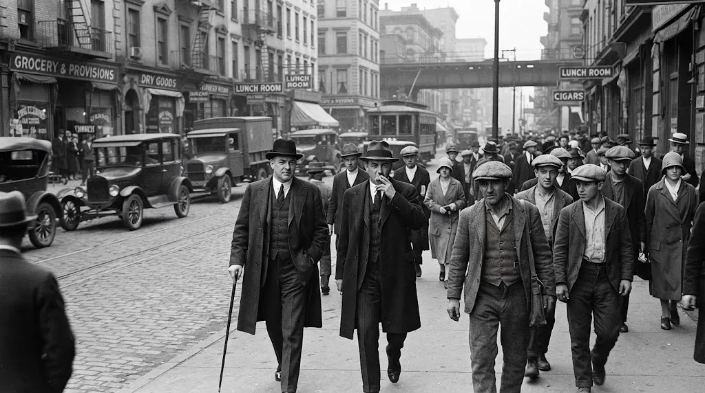 Men wearing different styles of hats on a 1920s city street