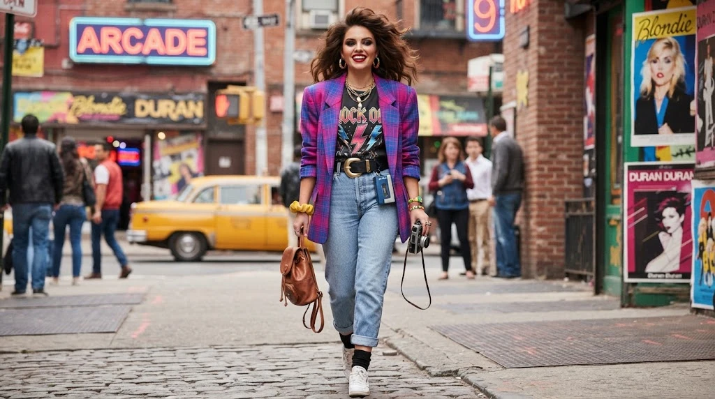 Bold layered outfit inspired by 1980s fashion