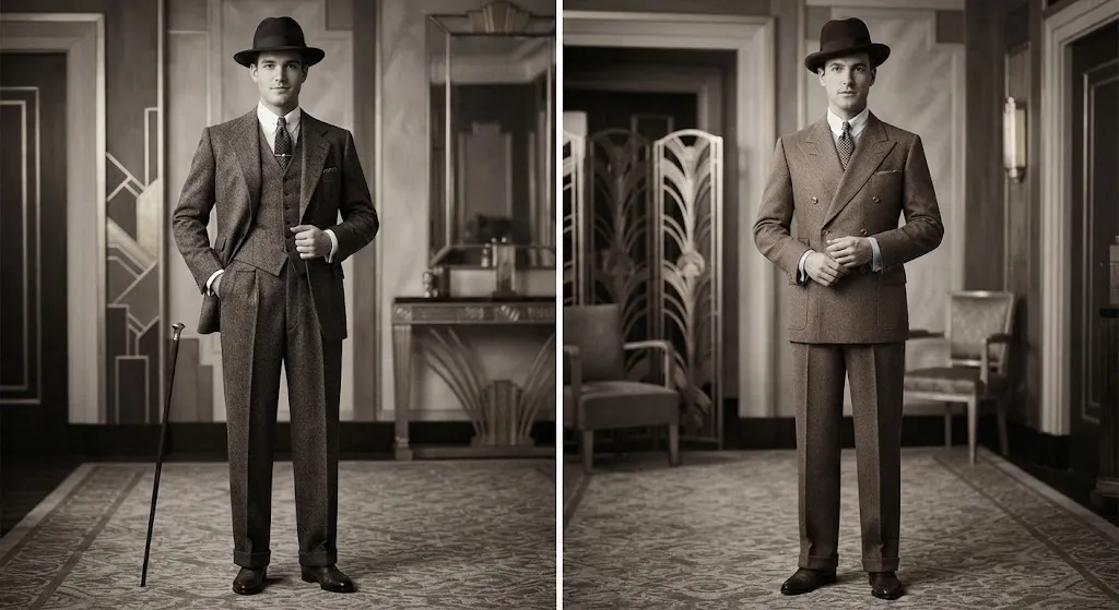 Three-piece and double-breasted 1920s men's suits