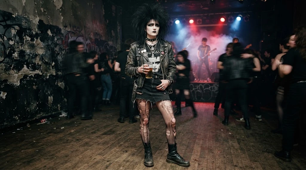 Traditional first-wave goth wearing black leather fishnets and combat boots