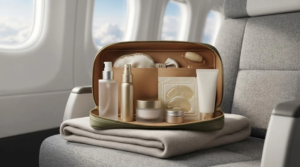 Travel skincare essentials arranged in a carry-on pouch