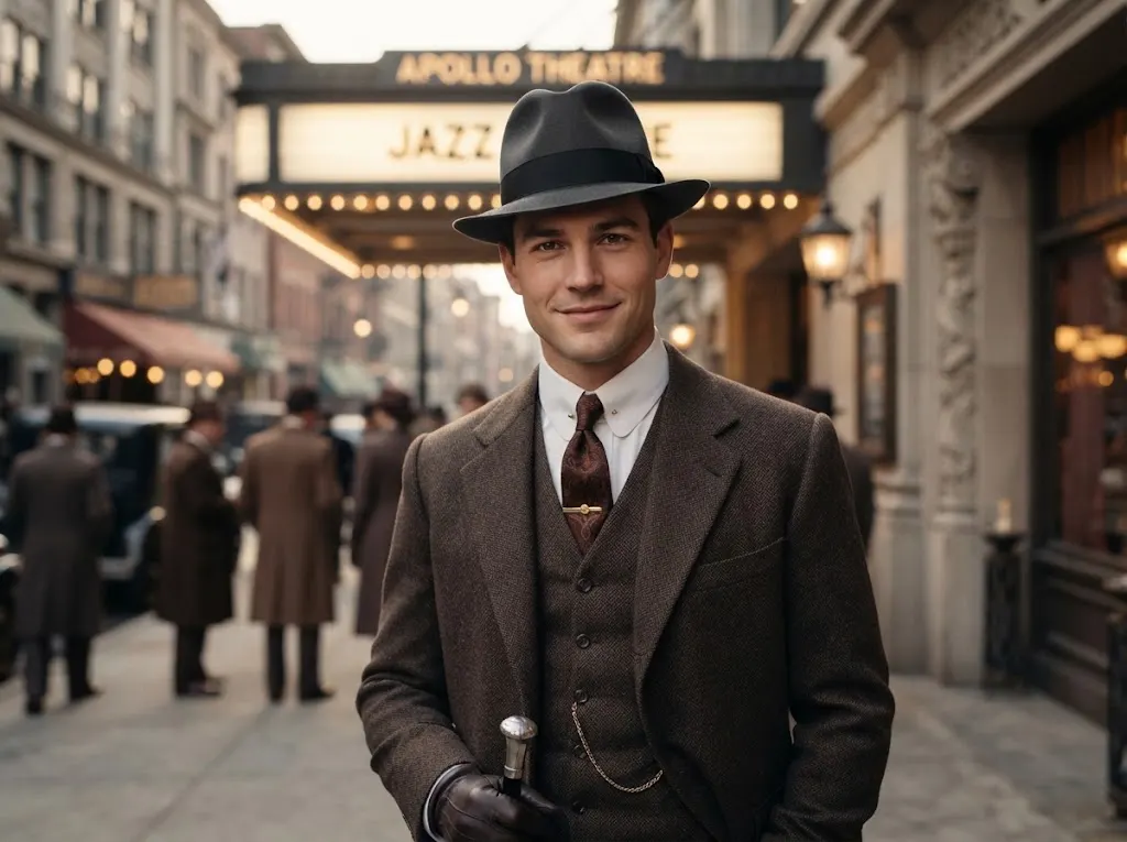 1920s man wearing a narrow-brimmed trilby hat