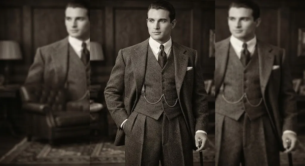 High-waisted trousers waistcoat and shirt from 1920s menswear