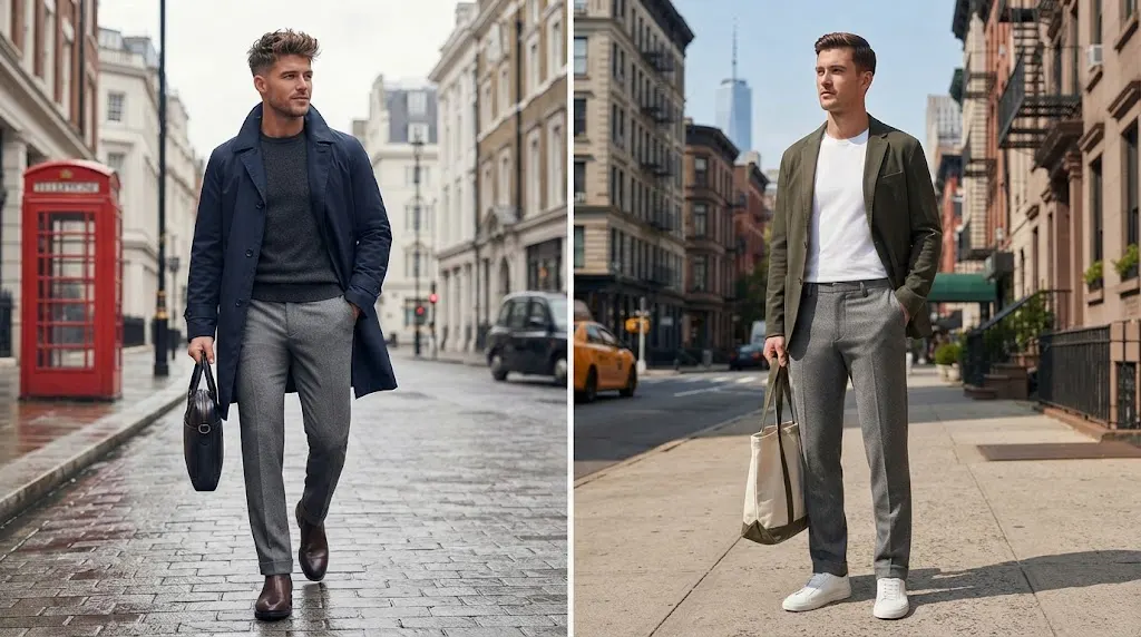 Same full-length trousers styled in British and American fashion contexts