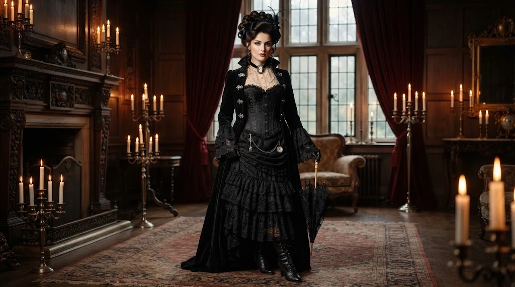 Victorian goth wearing lace velvet corset and antique-inspired accessories