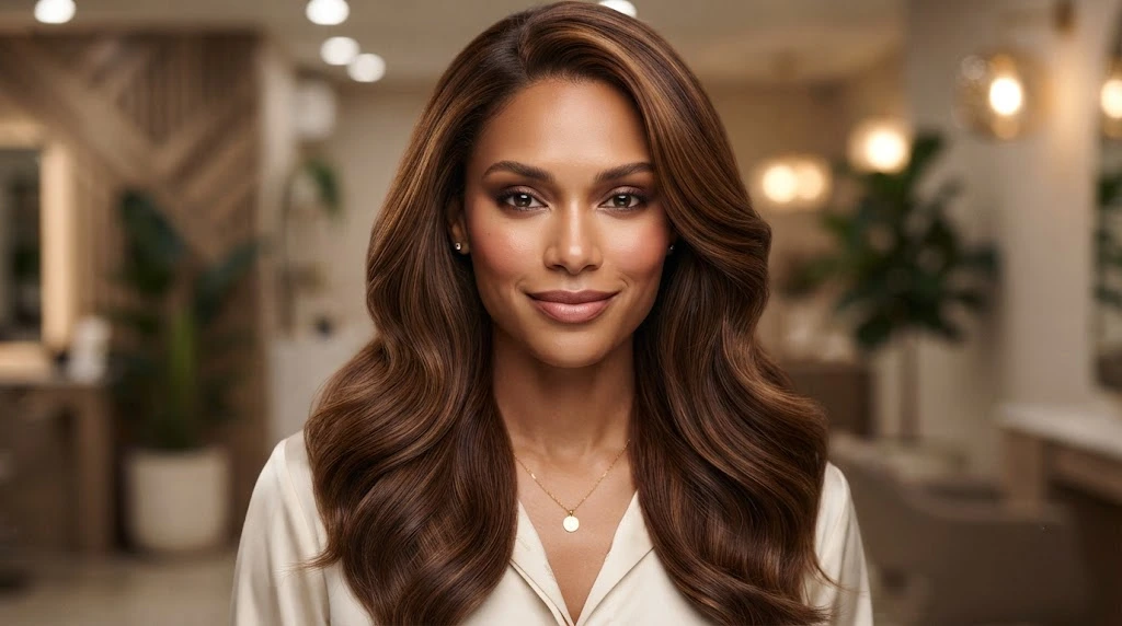 Warm chocolate brown hair for warm skin tones