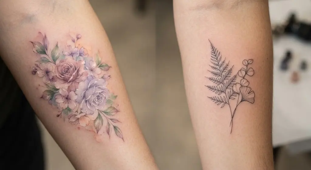 Watercolor and fine-line tattoo styles