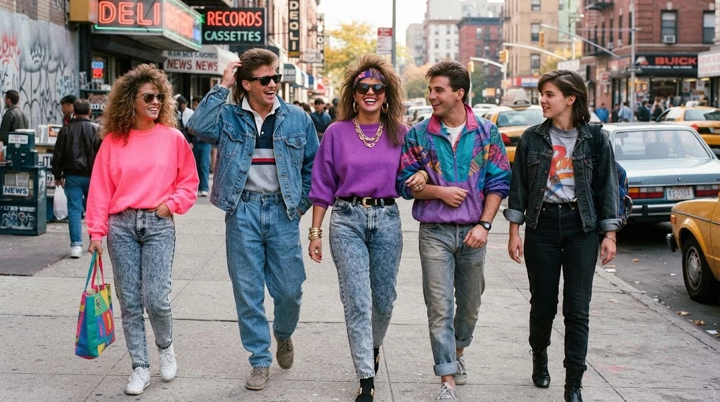 1980s inspired fashion with bold colors and oversized silhouettes