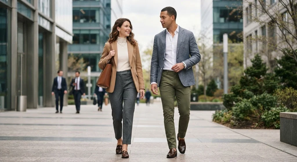 Smart-casual work outfits for 60–65 degree weather