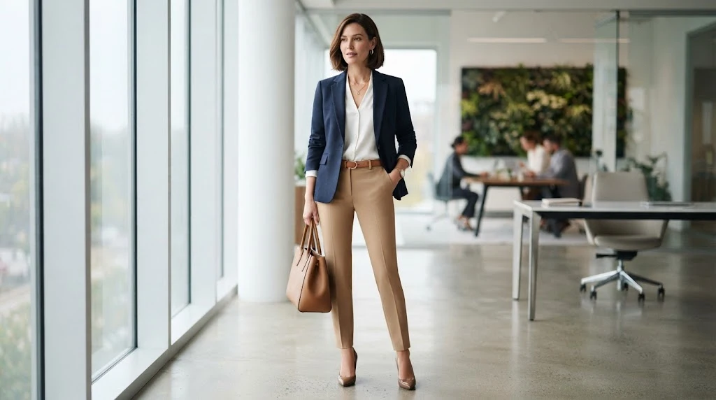 Professional three-color workwear outfit with navy white and tan