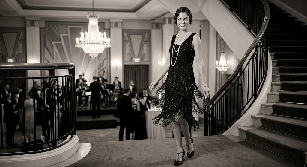 1920s flapper dress with pearls and finger waves