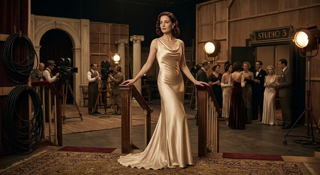 1930s bias-cut satin gown inspired by Old Hollywood