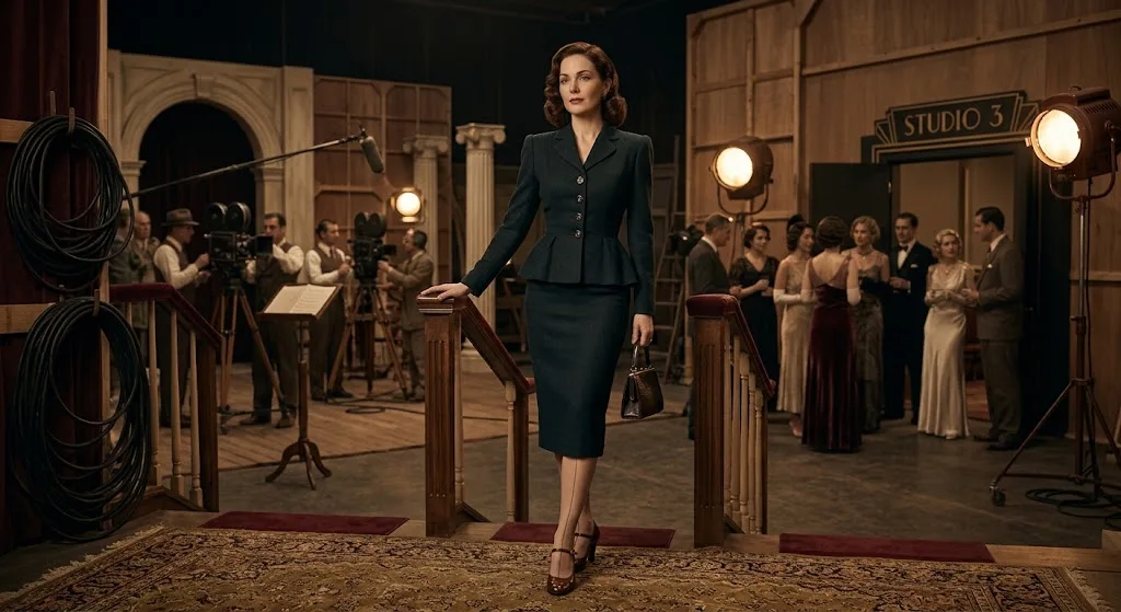 1940s tailored outfit with padded shoulders and pencil skirt