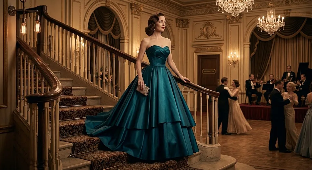 1950s hourglass ball gown with classic Old Hollywood styling