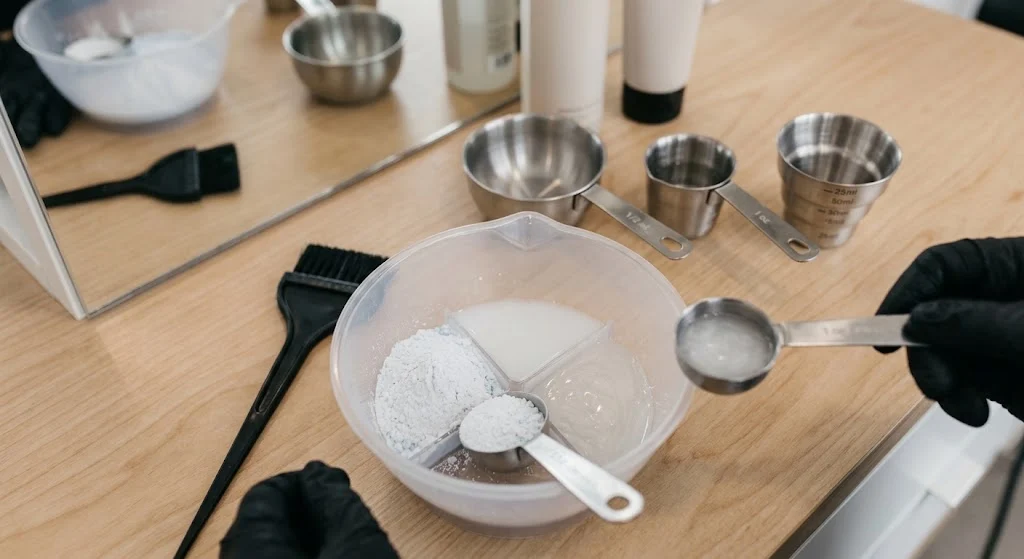 Equal portions of bleach developer and shampoo for a hair bleach bath