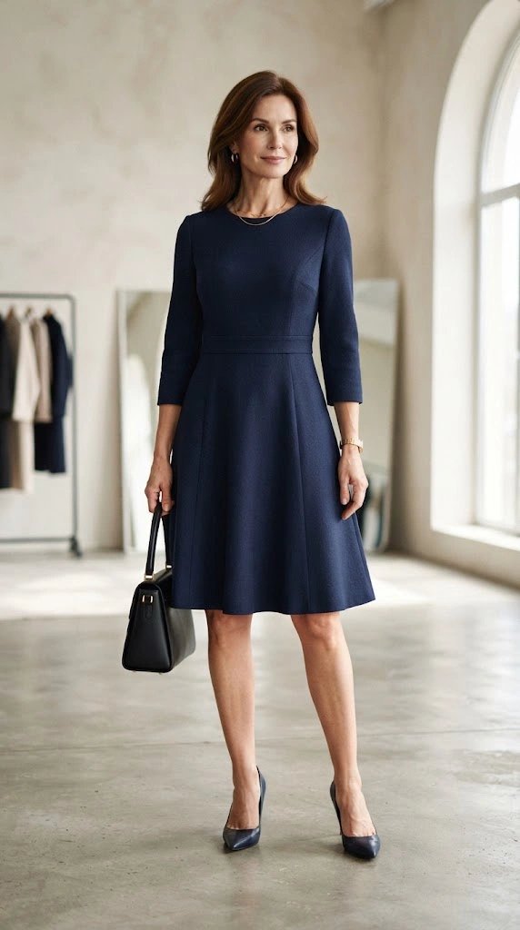 A-line dress showing a fitted waist and flowing skirt