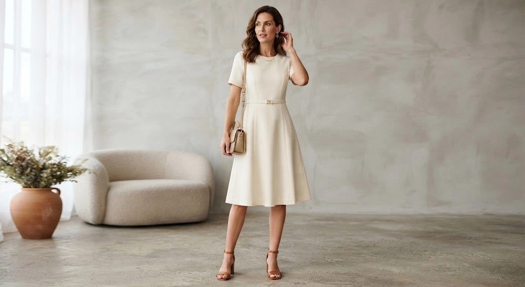 Woman wearing a classic A-line dress with a gently flared skirt